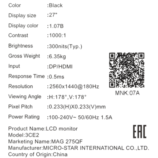 27" Монитор MSI MAG 275QF черный
