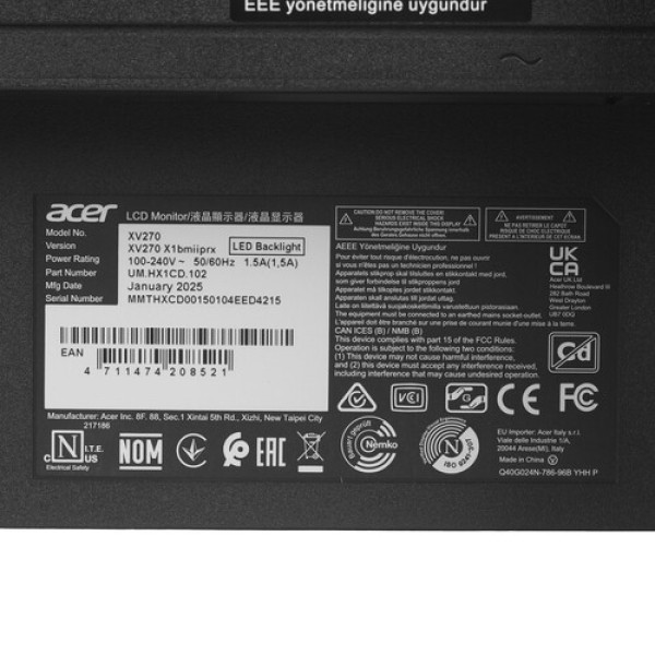 27" Монитор Acer Nitro XV270X1bmiipx черный