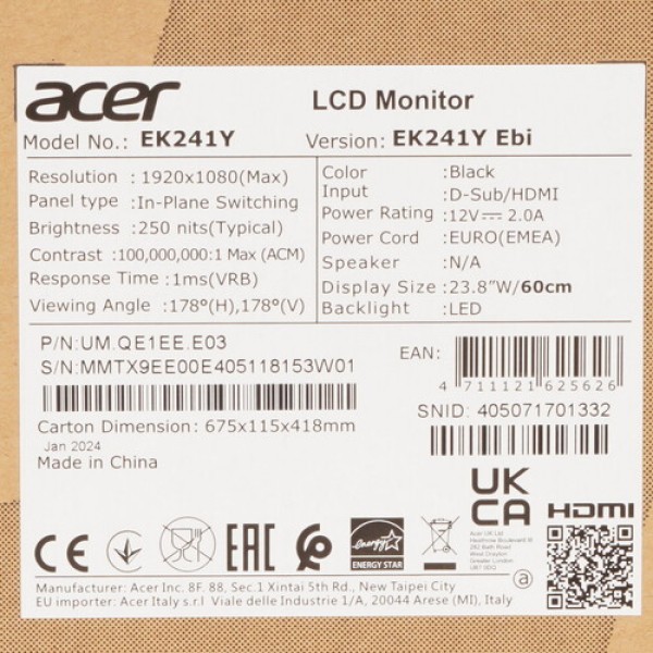 23.8" Монитор Acer EK241YEbi черный