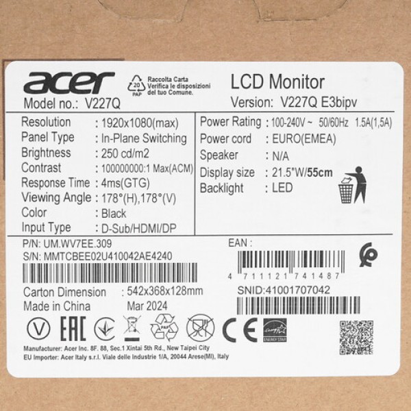 21.5" Монитор Acer Vero V227QE3bipv черный