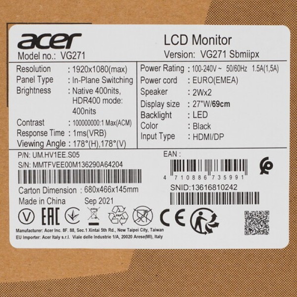 27" Монитор Acer Nitro VG271Sbmiipx черный