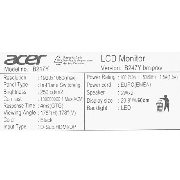 23.8" Монитор Acer Vero B247Ybmiprxv черный
