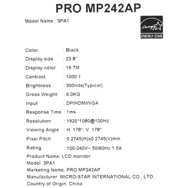 23.8" Монитор MSI PRO MP242AP черный