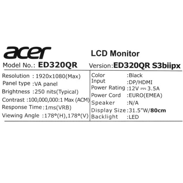 31.5" Монитор Acer Nitro ED320QRS3biipx черный