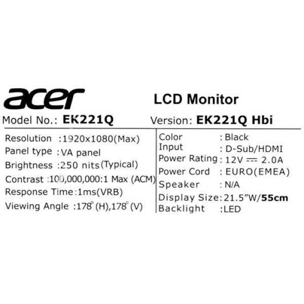 21.5" Монитор Acer EK221QHbi черный