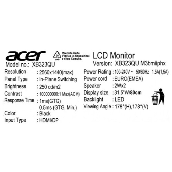 31.5" Монитор Acer Predator XB323QUM3bmiiphx черный
