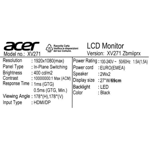 27" Монитор Acer Nitro XV271Zbmiiprx черный
