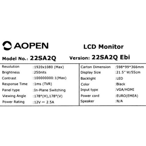 21.5" Монитор AOpen 22SA2QEBI черный