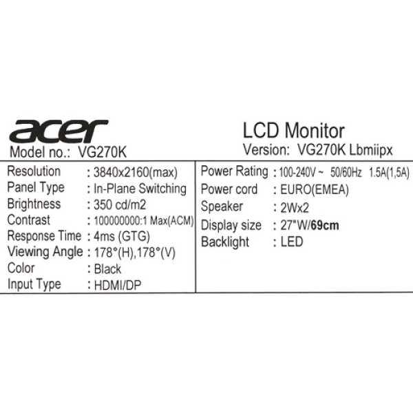 27" Монитор Acer Nitro VG270KLbmiipx черный