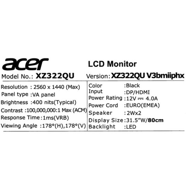 31.5" Монитор Acer Nitro XZ322QUV3bmiiphx черный