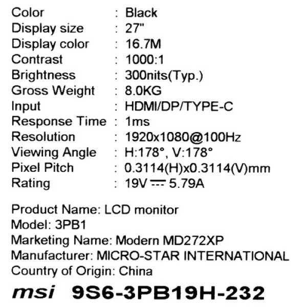 27" Монитор MSI Modern MD272XP черный