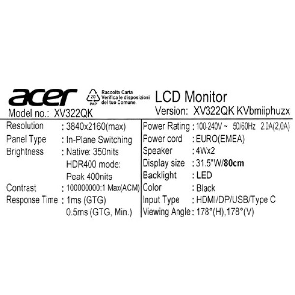 31.5" Монитор Acer Nitro XV322QKKVbmiiphuzx черный