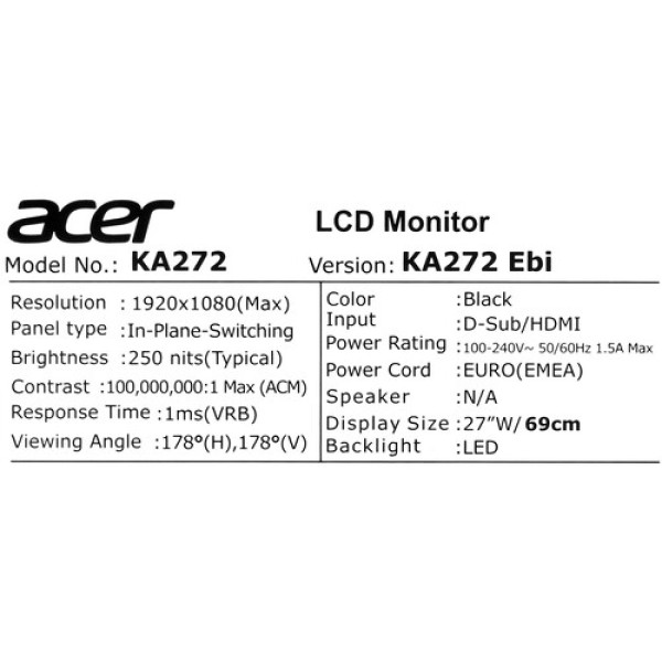27" Монитор Acer KA272Ebi черный