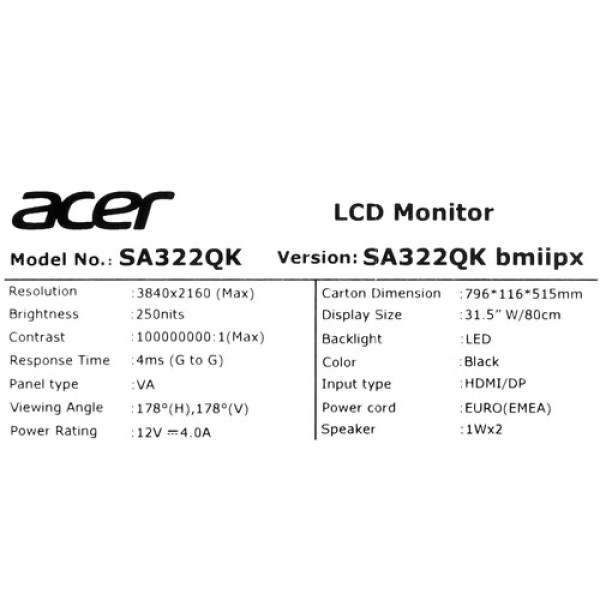 31.5" Монитор Acer SA322QKbmiipx черный