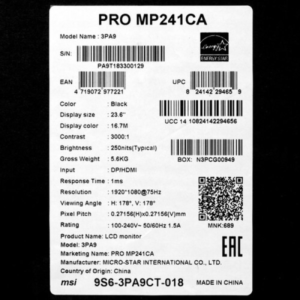 23.6" Монитор MSI PRO MP241CA черный