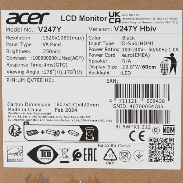 23.8" Монитор Acer Vero V247YHbiv черный