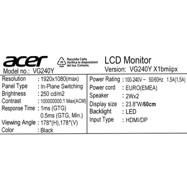 23.8" Монитор Acer VG240YX1bmiipx черный