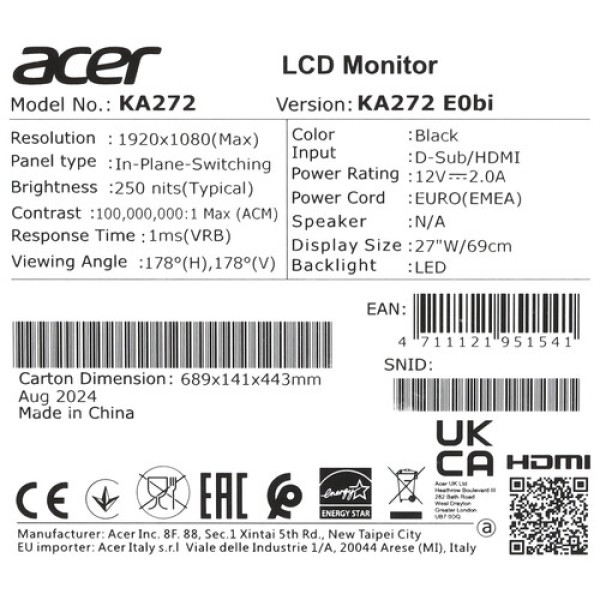 27" Монитор Acer KA272E0BI черный