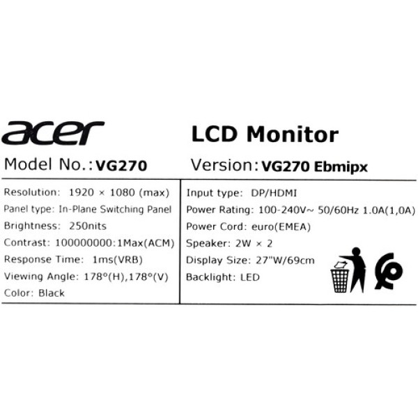 27" Монитор Acer Nitro VG270Ebmipx черный