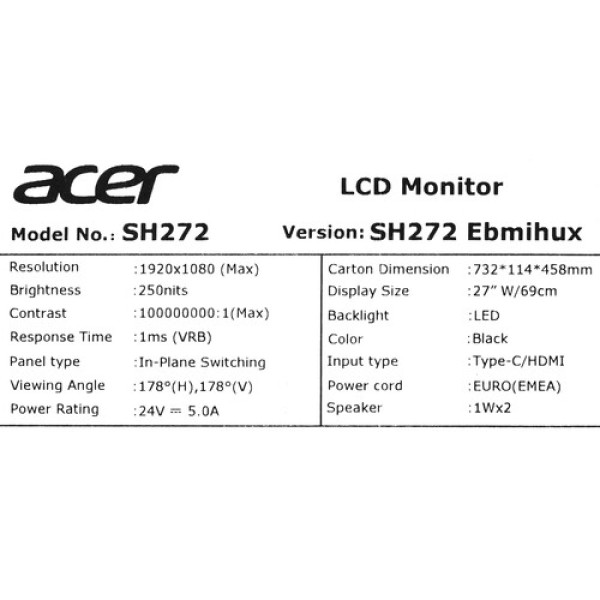 27" Монитор Acer SH272Ebmihux черный