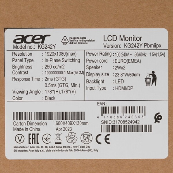 23.8" Монитор Acer Nitro KG242YPbmiipx черный