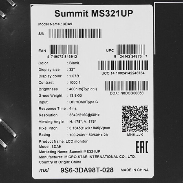 32" Монитор MSI Summit MS321UP черный