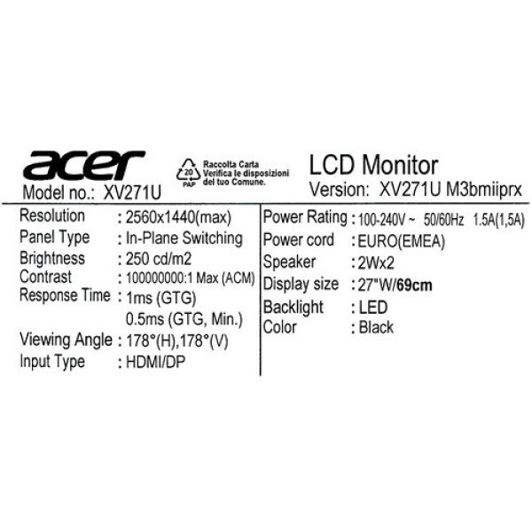 27" Монитор Acer Nitro XV271UM3BMIIPRX черный