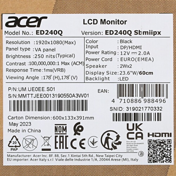23.6" Монитор Acer Nitro ED240QSbmiipx черный