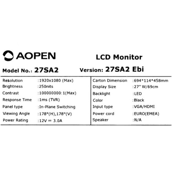 27" Монитор AOpen 27SA2EBI черный