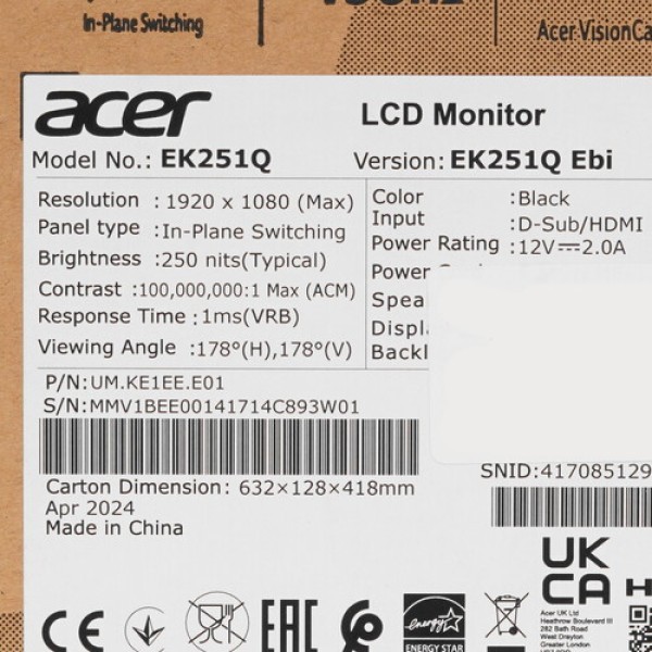 24.5" Монитор Acer EK251QEbi черный
