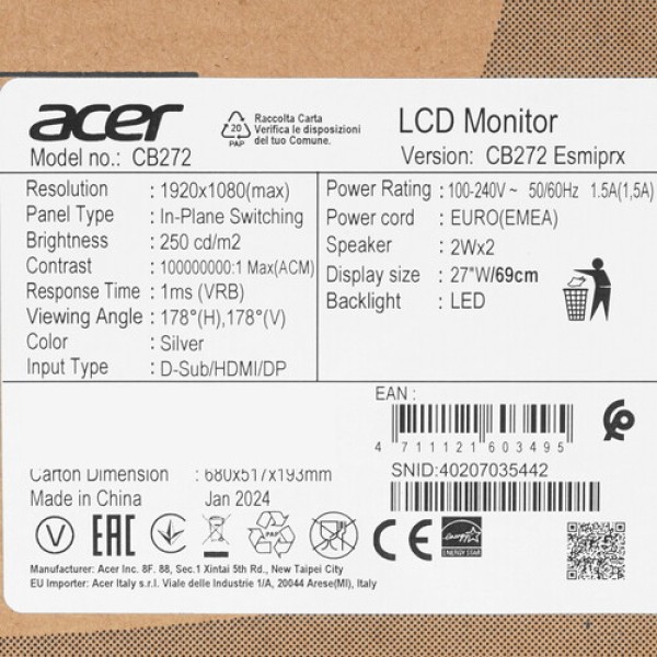 27" Монитор Acer CB272Esmiprx черный