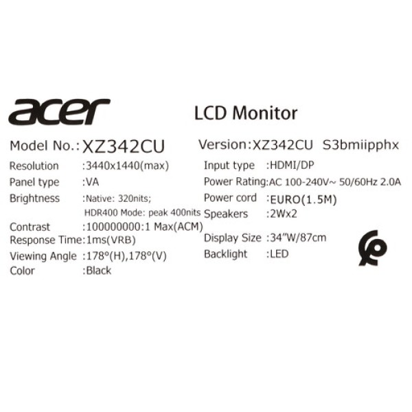 34" Монитор Acer Nitro XZ342CUS3bmiipphx черный