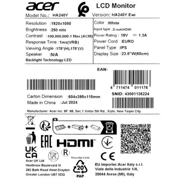 23.8" Монитор Acer HA240YEwi белый