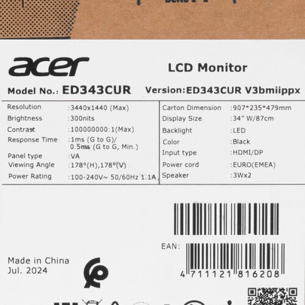 34" Монитор Acer Nitro ED343CURV3bmiippx черный