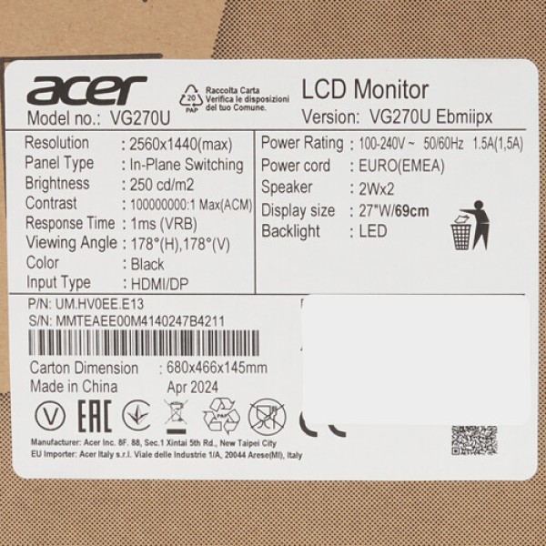 27" Монитор Acer Nitro VG270UEbmiipx черный