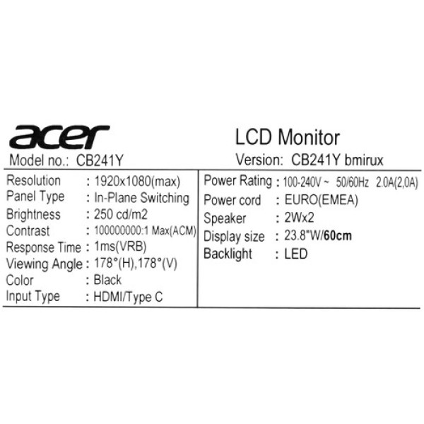 23.8" Монитор Acer Vero CB241Ybmirux черный