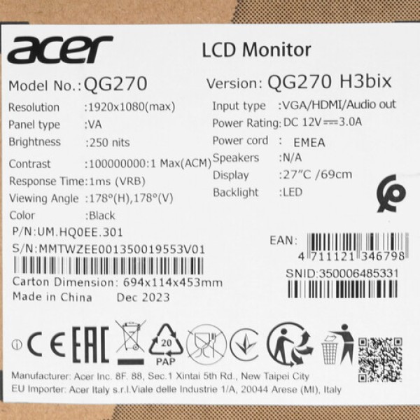 27" Монитор Acer Nitro QG270H3bix черный