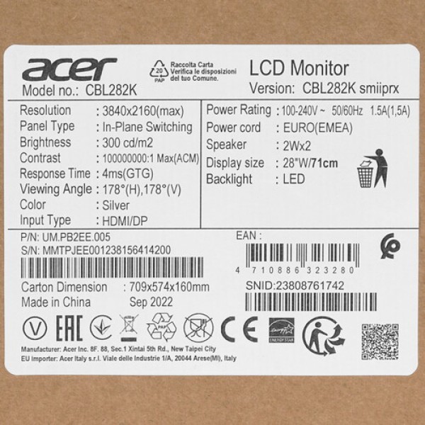 28" Монитор Acer CBL282Ksmiiprx серебристый