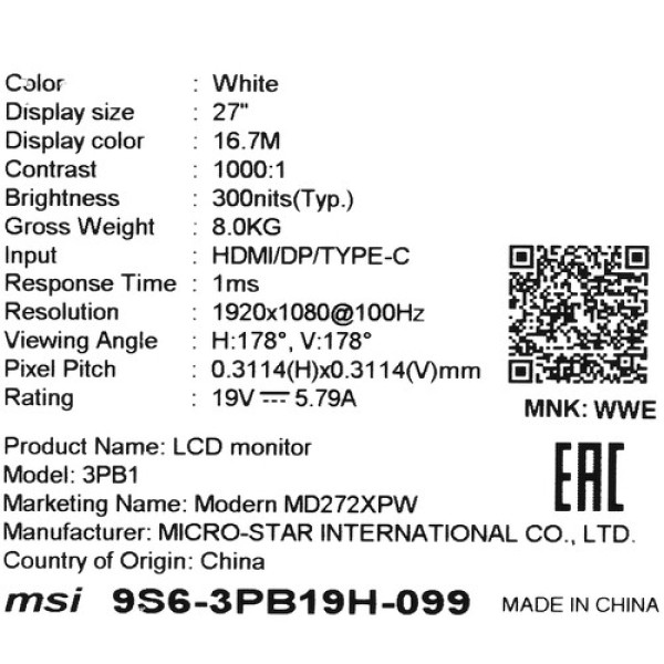 27" Монитор MSI Modern MD272XPW белый
