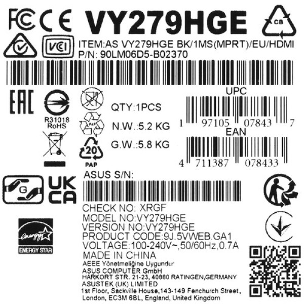 27" Монитор ASUS VY279HGE черный