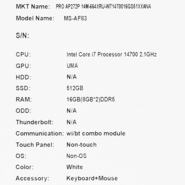 27" Моноблок MSI PRO AP272P 14M-664XRU [9S6-AF8322-804]