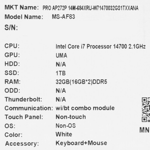 27" Моноблок MSI PRO AP272P 14M-684XRU [9S6-AF8322-819]