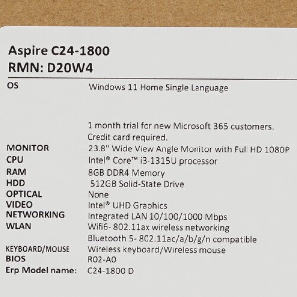 23.8" Моноблок Acer Aspire C24-1800 [DQ.BKLCD.004]