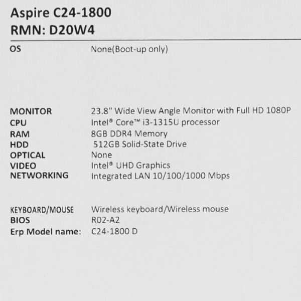 23.8" Моноблок Acer Aspire C24-1800 [DQ.BKLCD.003]
