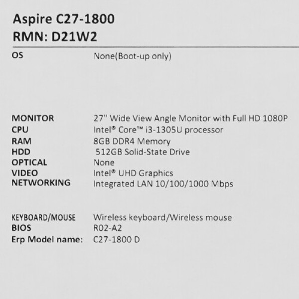 27" Моноблок Acer Aspire C27-1800 [DQ.BLHCD.003]