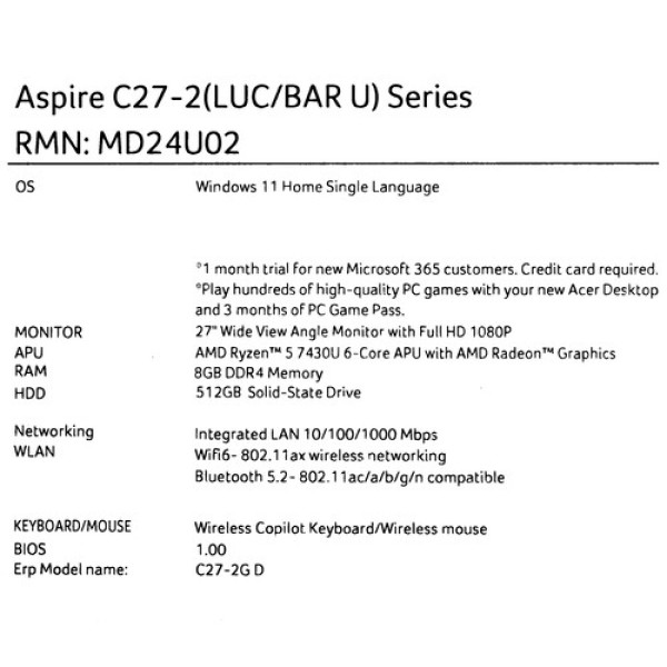 27" Моноблок Acer Aspire C27-2G [DQ.BPQCD.003]