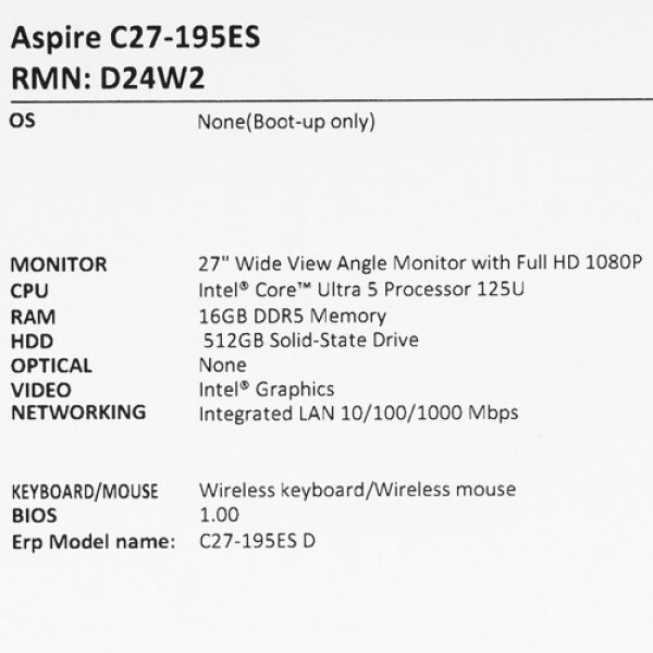 27" Моноблок Acer Aspire C27-195ES [DQ.BMFCD.002]