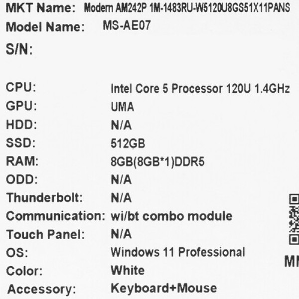 23.8" Моноблок MSI Modern AM242P 1M-1483RU [9S6-AE0722-1483]
