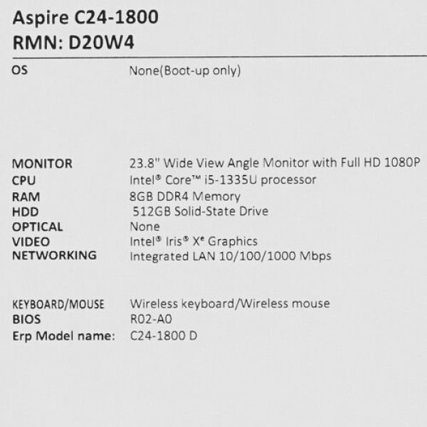 23.8" Моноблок Acer Aspire C24-1800 [DQ.BKMCD.002]