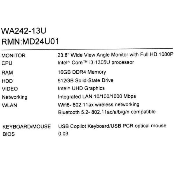 23.8" Моноблок AOPEN WA242-13U [ZL.Z01CF.0GM]